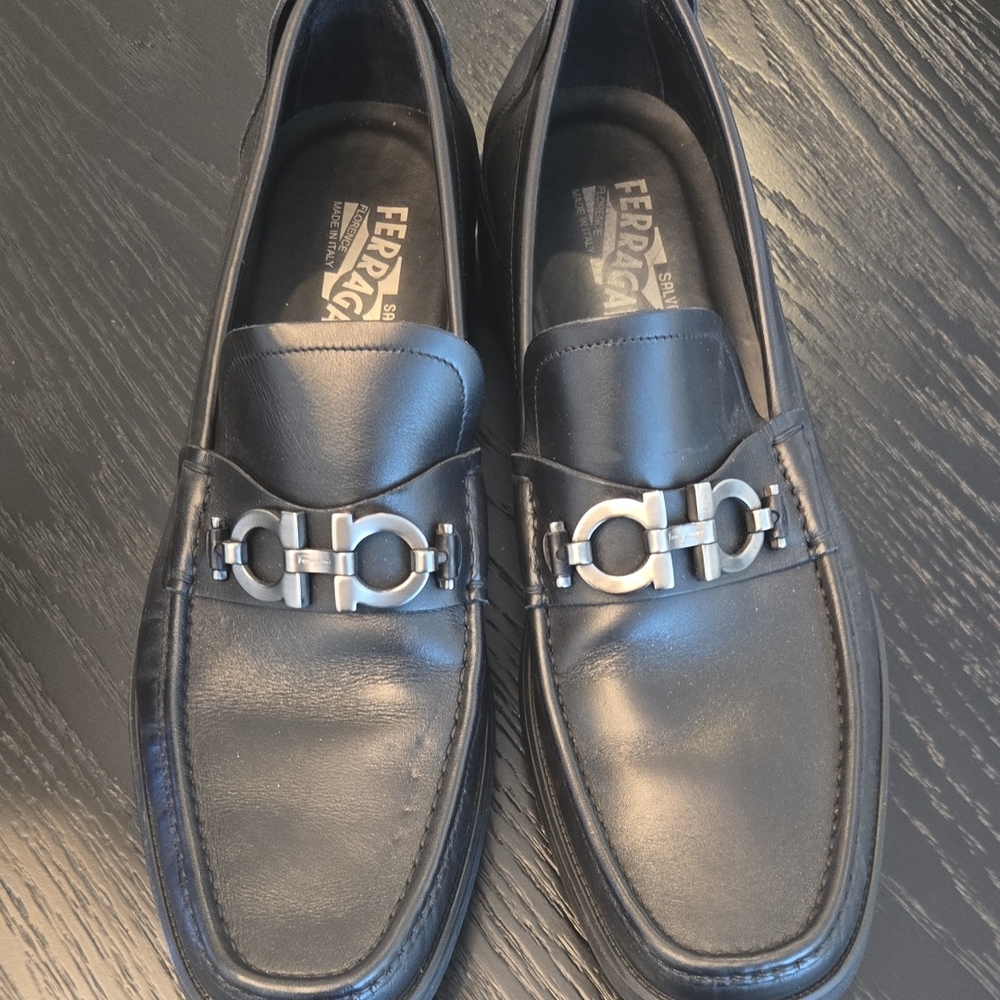 Salvatore Ferragamo Black Leather Slip-Ons with Silver Accents